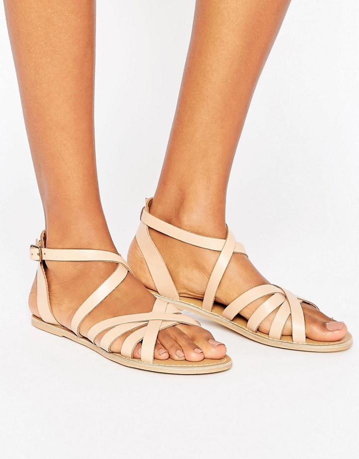 London Rebel Flat Leather Strap Sandal - Beige