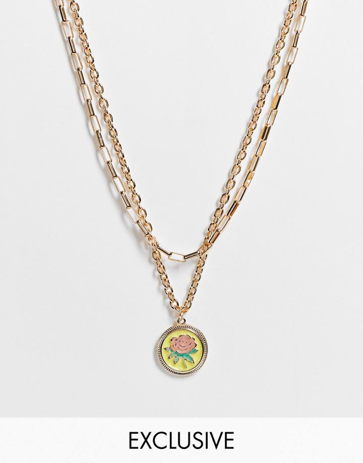 Reclaimed Vintage Inspired Multirow Necklace With Flower Pendant Detail In Gold
