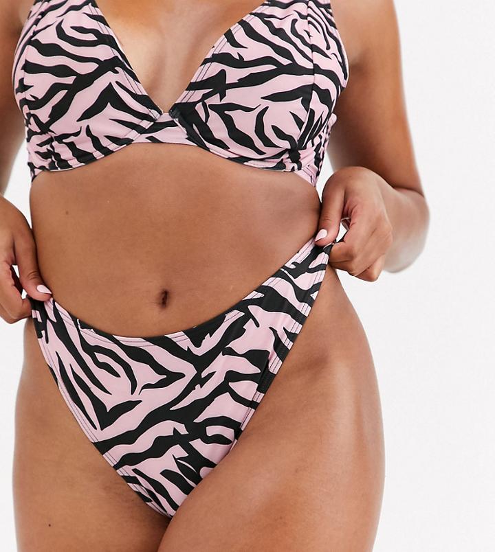 Wolf & Whistle Exclusive Eco High Leg Bikini Bottom In Pastel Pink Zebra-multi
