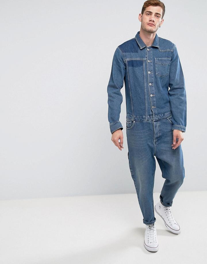 Asos Denim Boiler Suit In Vintage Mid Wash With Shadow Patching And Hem Detail - Blue