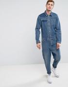 Asos Denim Boiler Suit In Vintage Mid Wash With Shadow Patching And Hem Detail - Blue