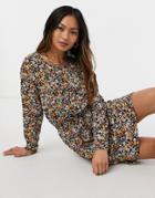 Only Nova Draw String Long Sleeve Dress In Dark Floral-multi