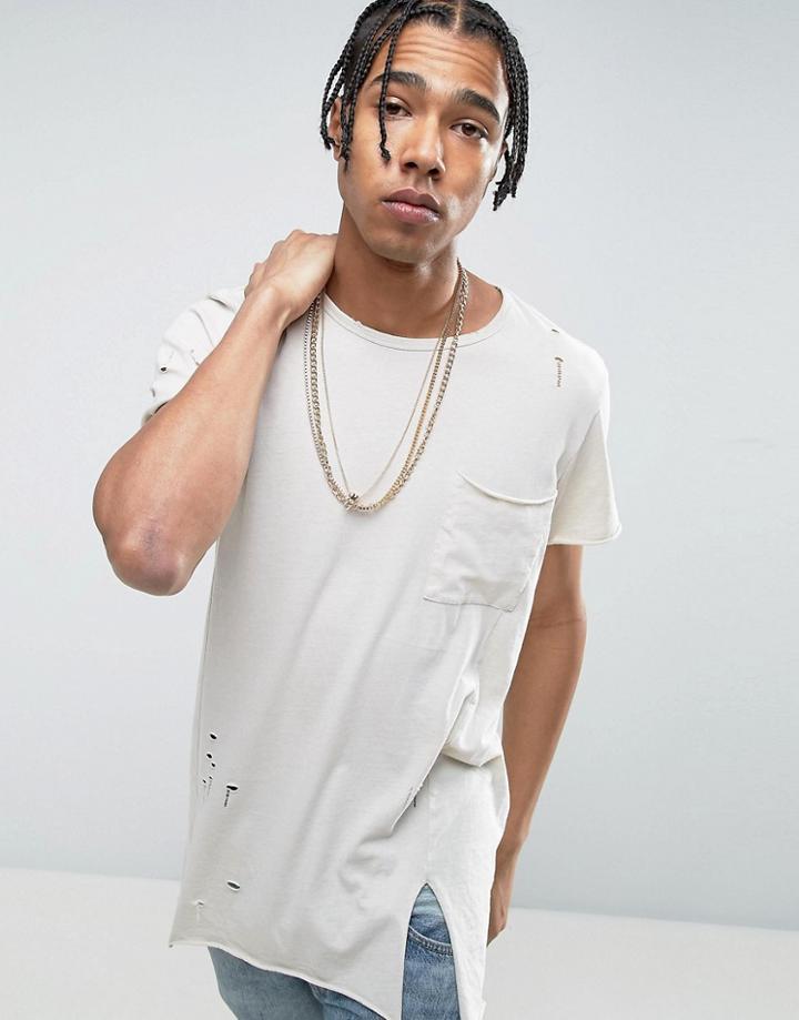 New Look Longline T-shirt With Distressing In Oatmeal - Cream