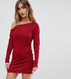 Asos Design Petite Asymmetric Ruched Side Knitted Mini Dress-red