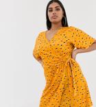 Pink Clove Mini Wrap Dress With Flutter Sleeves In Ditsy Print - Yellow