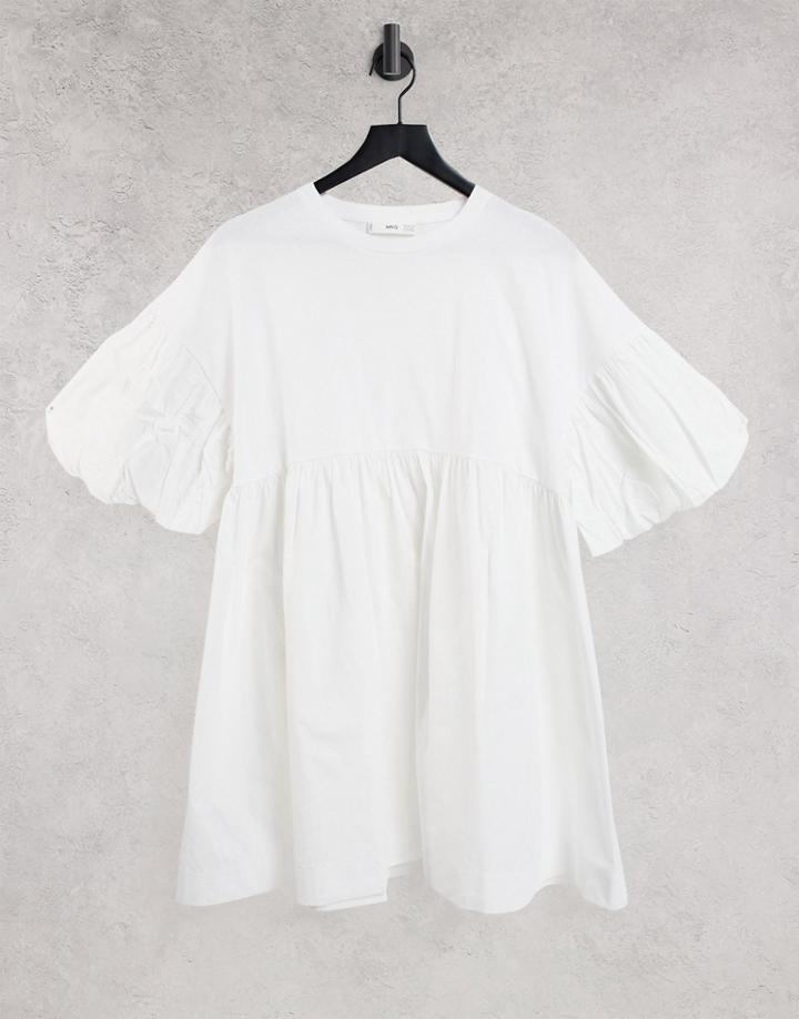 Mango Puff Sleeve Poplin Hybrid Dress In White