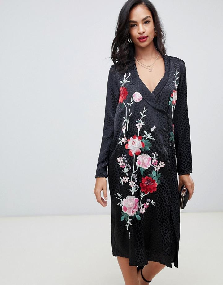 Asos Design Embroidered Jacquard Midi Dress With Long Sleeves And Collar-black