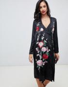 Asos Design Embroidered Jacquard Midi Dress With Long Sleeves And Collar-black