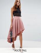 Asos Tall Scuba Midi Prom Skirt With Asymmetric High-low Hem - Pink