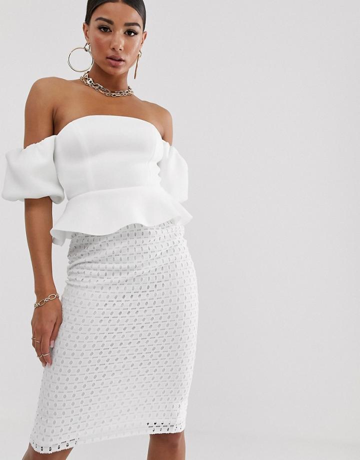 Asos Design Bubble Sleeve Lace Skirt Midi Dress-white