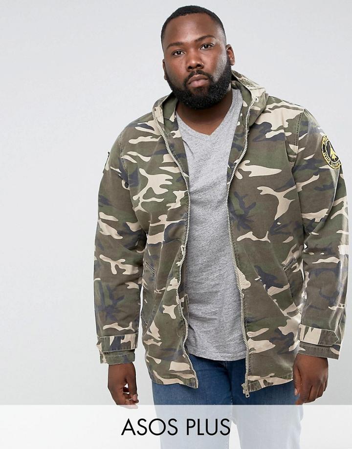 Asos Plus Lightweight Parka Jacket In Camo - Green