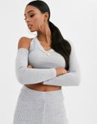 Asos Design Two-piece Cold Shoulder V Neck Sweater In Mesh Stitch-grey