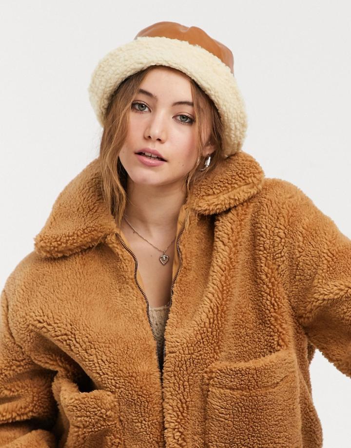 My Accessories London Bucket Hat In Tan With Teddy Turn Up-brown