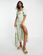 Asos Design Puff Sleeve Ruched Bust Midi Split Dress In Sage Floral-multi