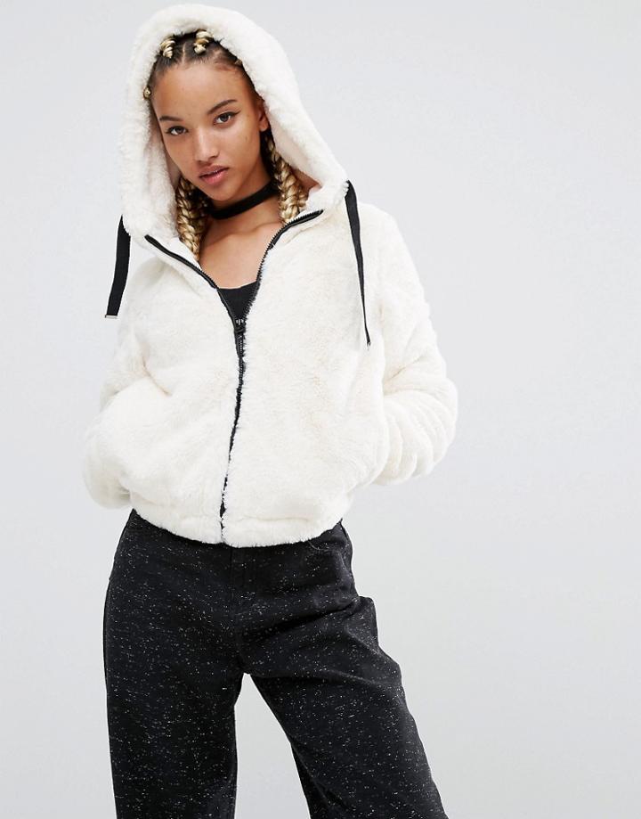 Pull & Bear Faux Fur Hooded Bomber Jacket - Cream