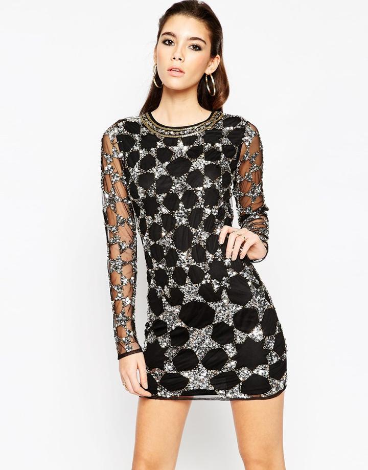 Asos Night Mesh Body-conscious Mini Dress With Embellished Stars - Black