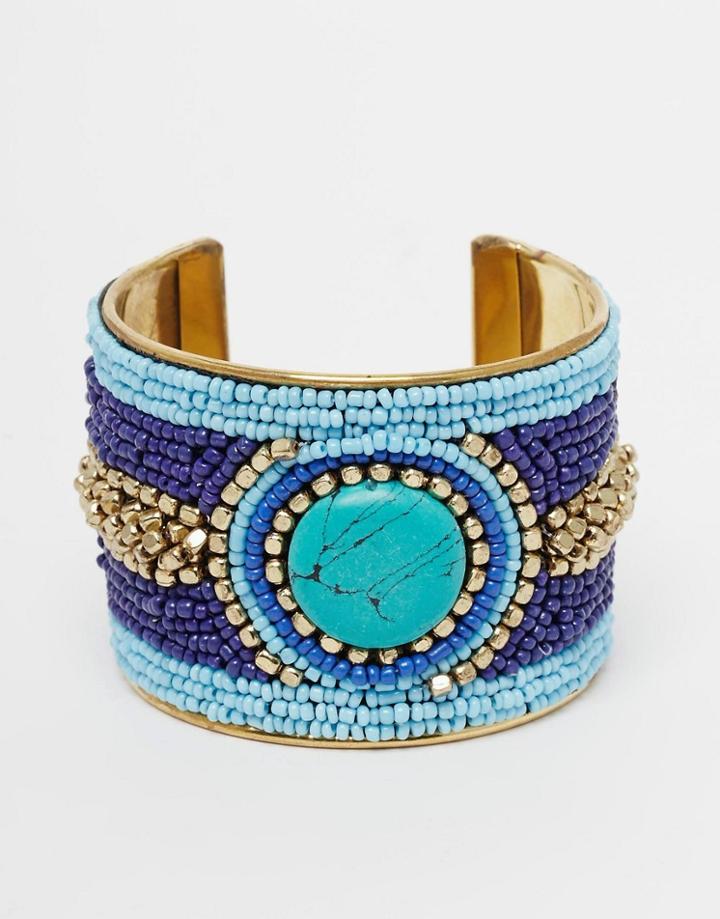 Raga Beaded Cuff With Blue Stone - Blue