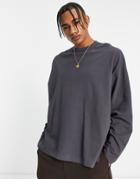Asos Design Long Sleeve Oversized Pique T-shirt With Side Splits In Washed Black