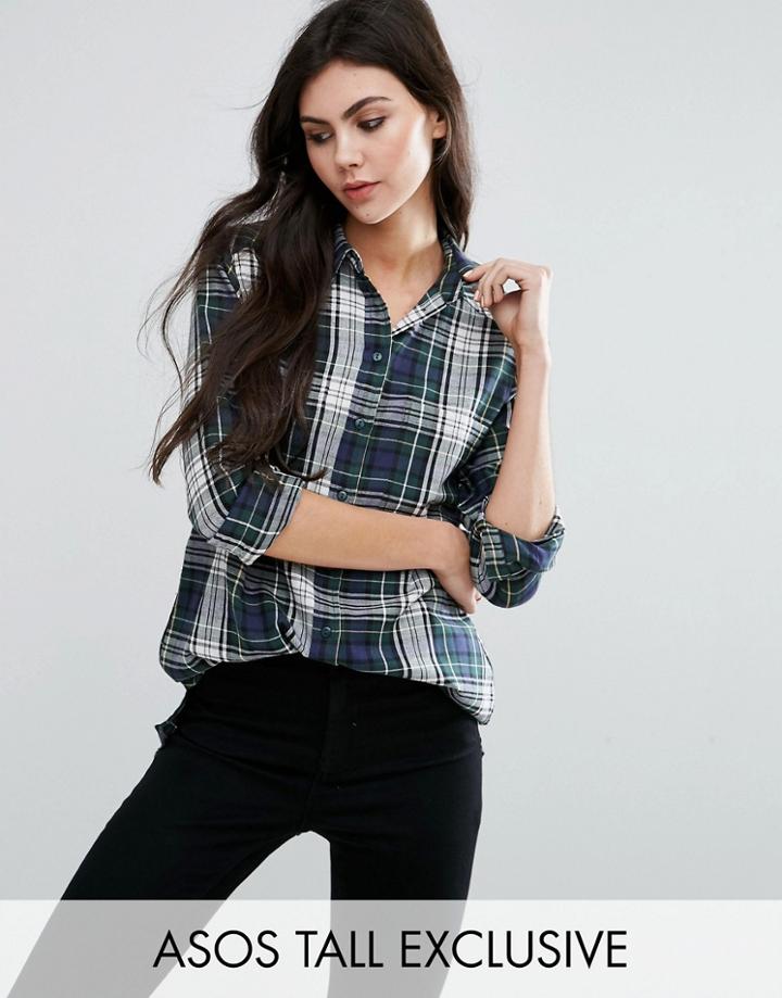 Asos Tall Boyfriend Shirt In Green Check - Multi