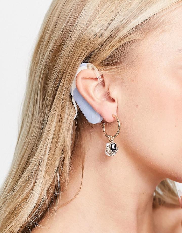 Topshop Molten Black Stone Charm Drop Hoop Earrings In Gold