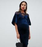 Tfnc Maternity Velvet Midi Bodycon Dress With Lace Insert In Navy - Navy