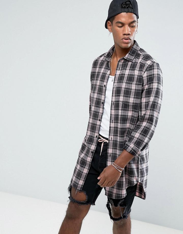Asos Regular Fit Longline Check Shirt With Acid Wash - Pink