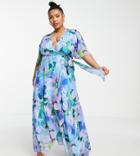 Hope & Ivy Plus Everleigh Recycled Polyester Floral Print Maxi Dress In Blue