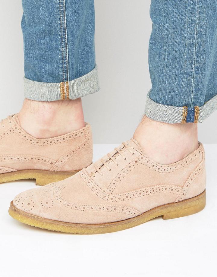 Walk London Duke Suede Oxford Brogue Shoes - Pink