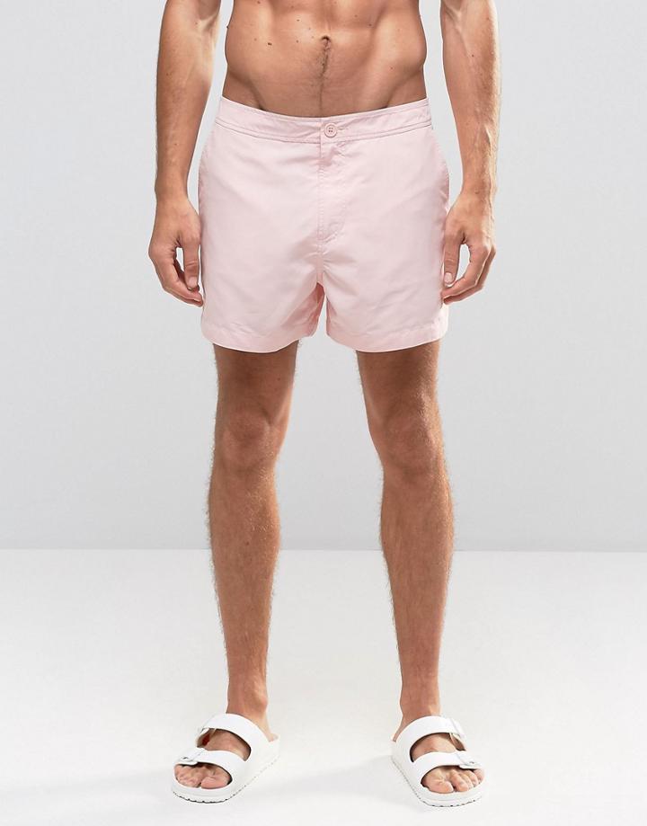 Asos Swim Shorts With Button Waistband In Pink Mid Length - Pink