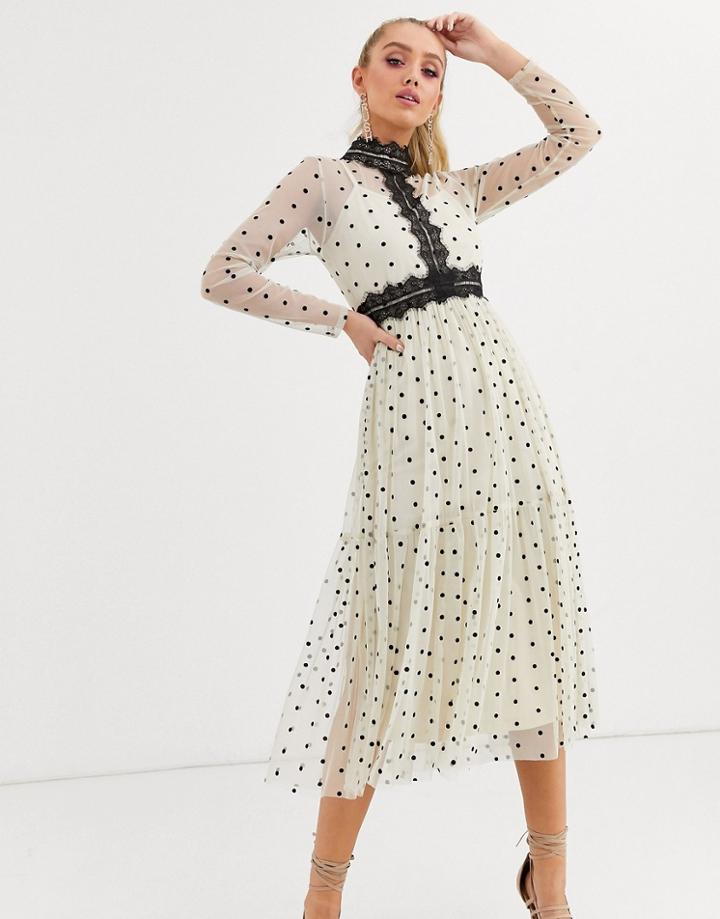 Lace & Beads Long Sleeve Polka Dot Midi Dress With Lace Inserts In Cream/black