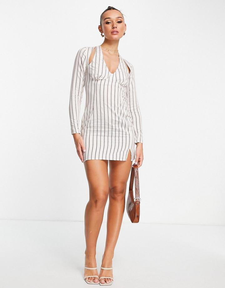 Asos Design Halter Linen Mini Dress With Long Sleeve In Stripe-multi