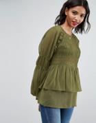 Asos Sheer Crinkle Blouse With Poets Sleeve - Green