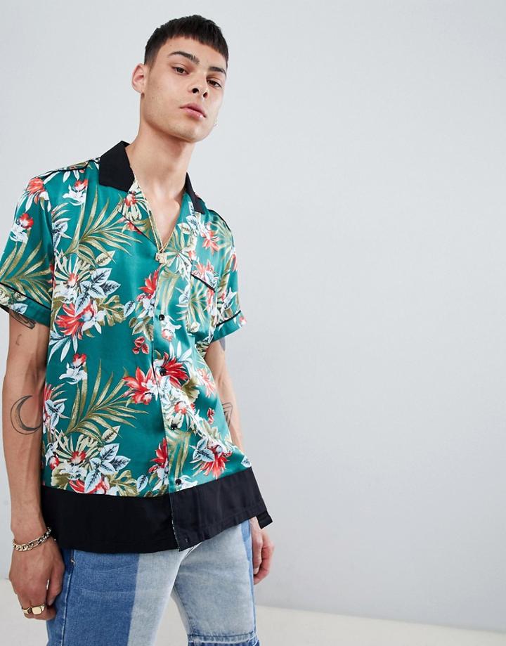 Mennace Floral Hem Block Shirt In Green - Green