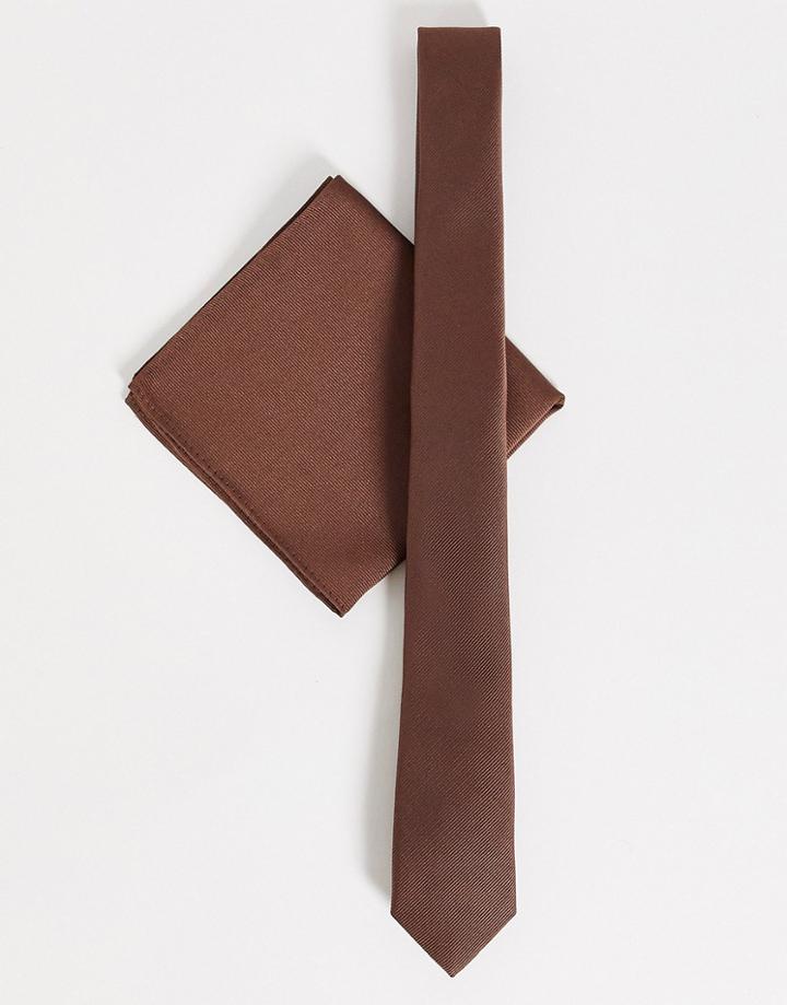 Asos Design Slim Tie And Pocket Square In Chocolate Brown