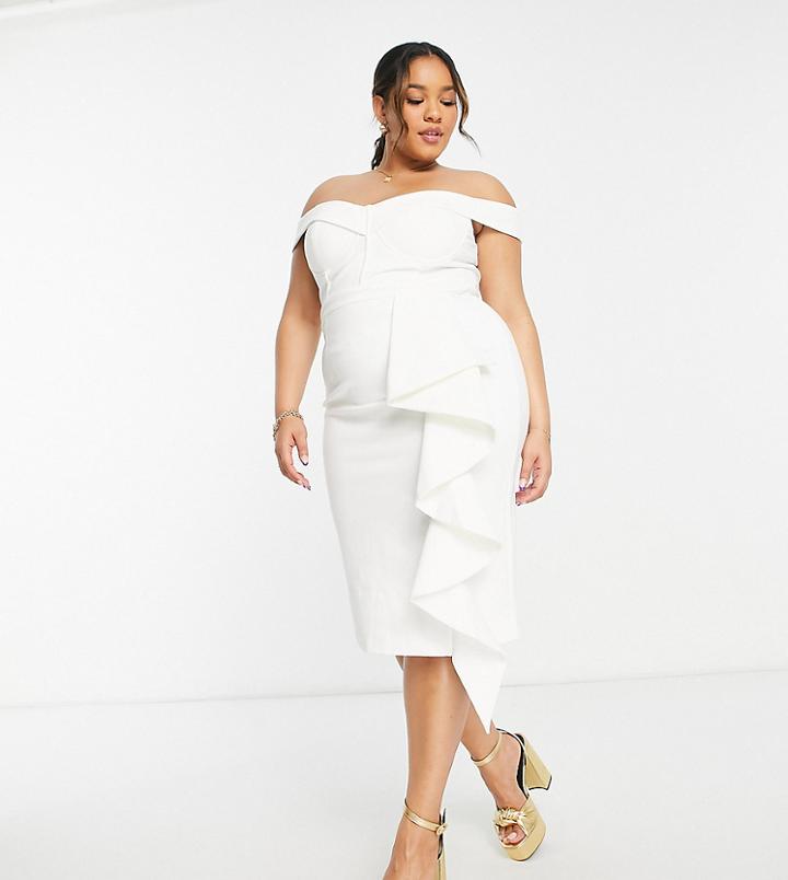 Lavish Alice Plus Off Shoulder Ruffle Midi Dress In White