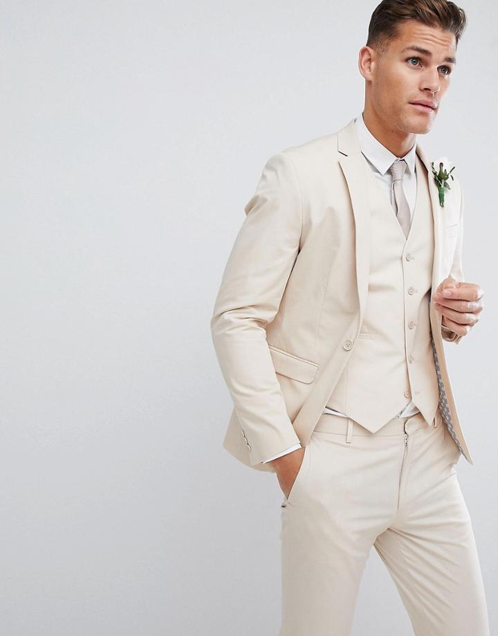 Asos Design Wedding Skinny Suit Jacket In Stretch Cotton In Stone