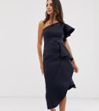 True Violet Exclusive One Shoulder Asymmetrical Midi Dress In Navy