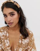 Asos Design Hair Crown With Floral And Crystal Detail In Gold - Gold
