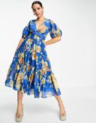 Asos Design Blouson Sleeve Midi Dress With Lace Detail And Open Back In Blue Floral-multi