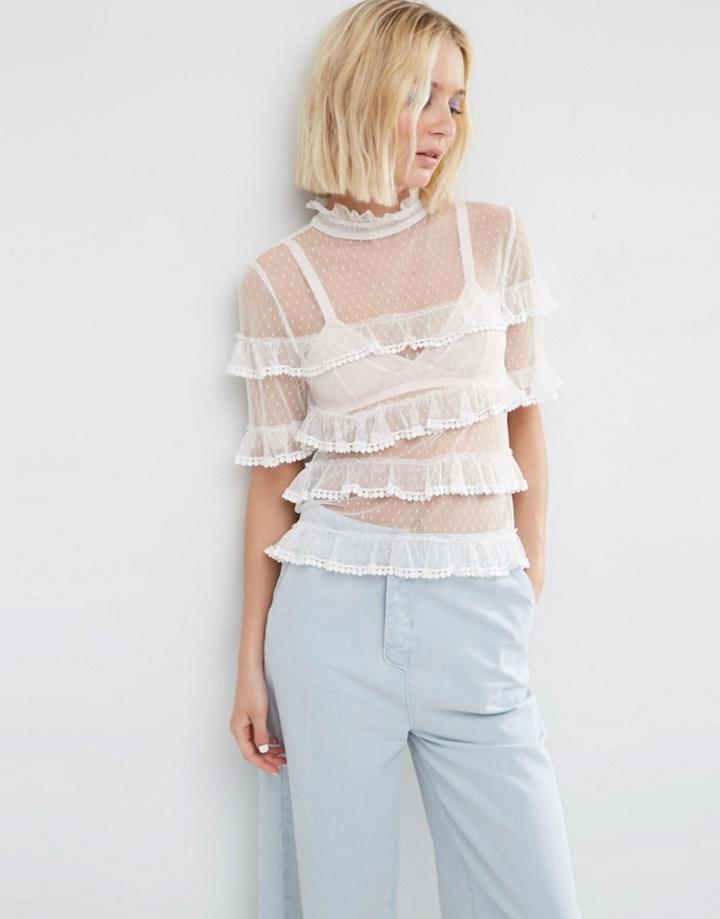 Asos Top In Dobby Mesh With Ruffle Detail - White
