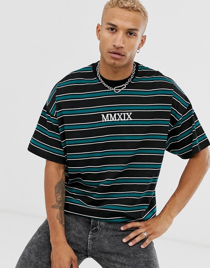 Asos Design Oversized Striped T-shirt With Roman Numerals Embroidery-black