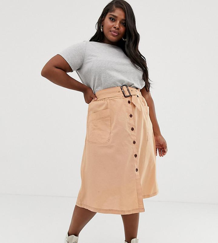 Asos Design Curve Button Front Midi Skirt With Tortoise Shell Belt And Contrast Stitching - Stone