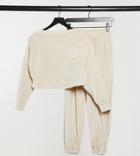 Asos Design Petite Lounge Velour Off-the-shoulder Sweatshirt & Sweatpants Set In Brown