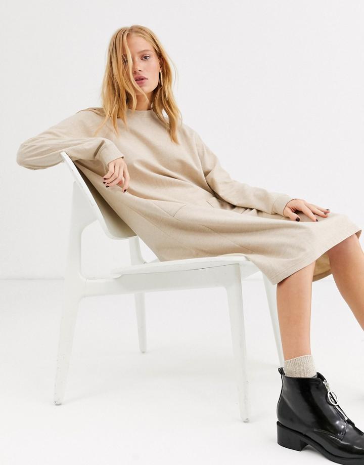 Monki Long-sleeve Midi T-shirt Dress In Off White - White