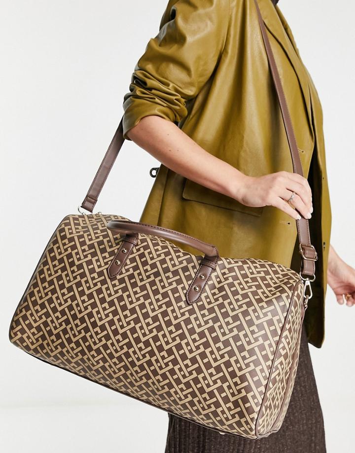 Asos Design Oversized Monogram Print Holdall-brown