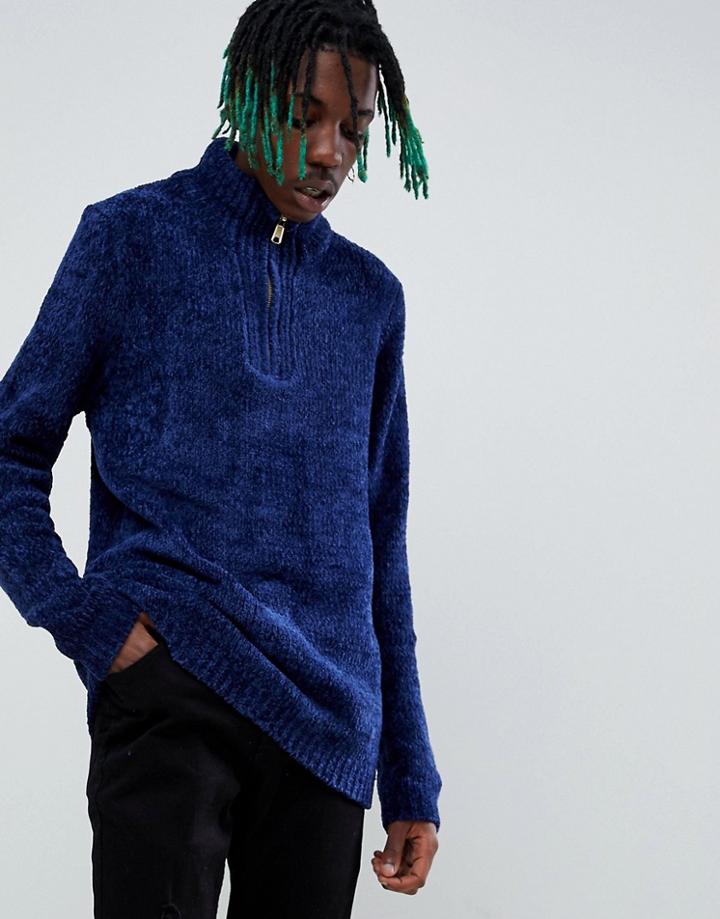 Asos Heavyweight Chenille Half Zip Sweater In Dark Blue