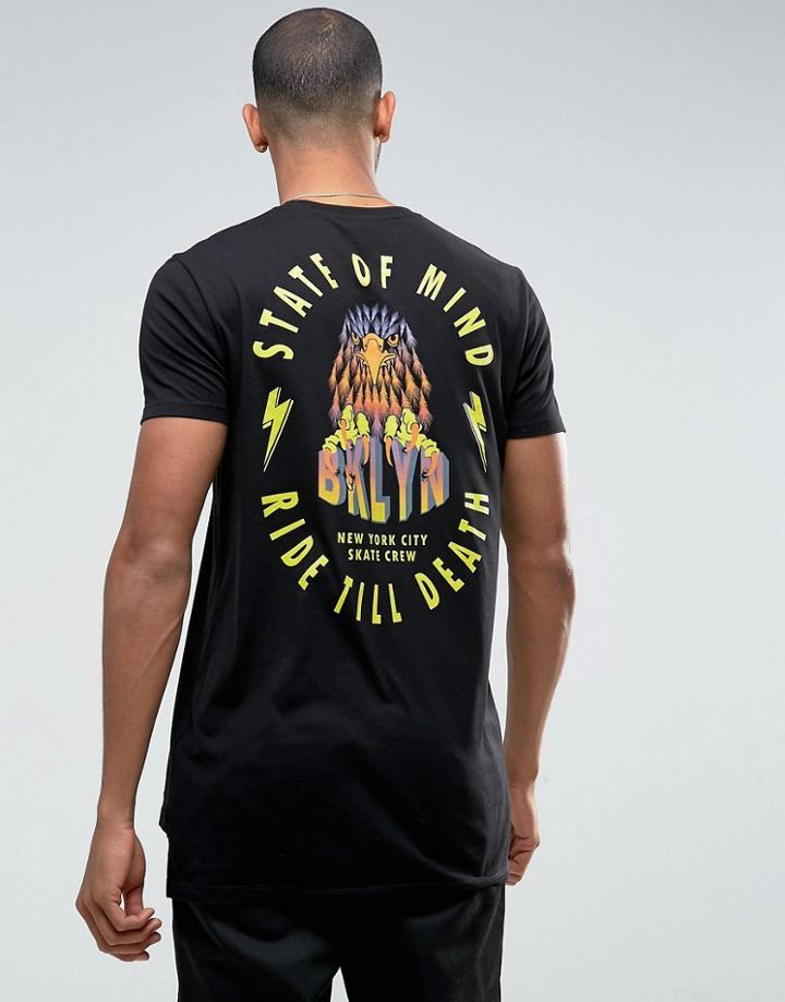 Asos Super Longline T-shirt With Eagle Back Print And Stepped Hem - Black