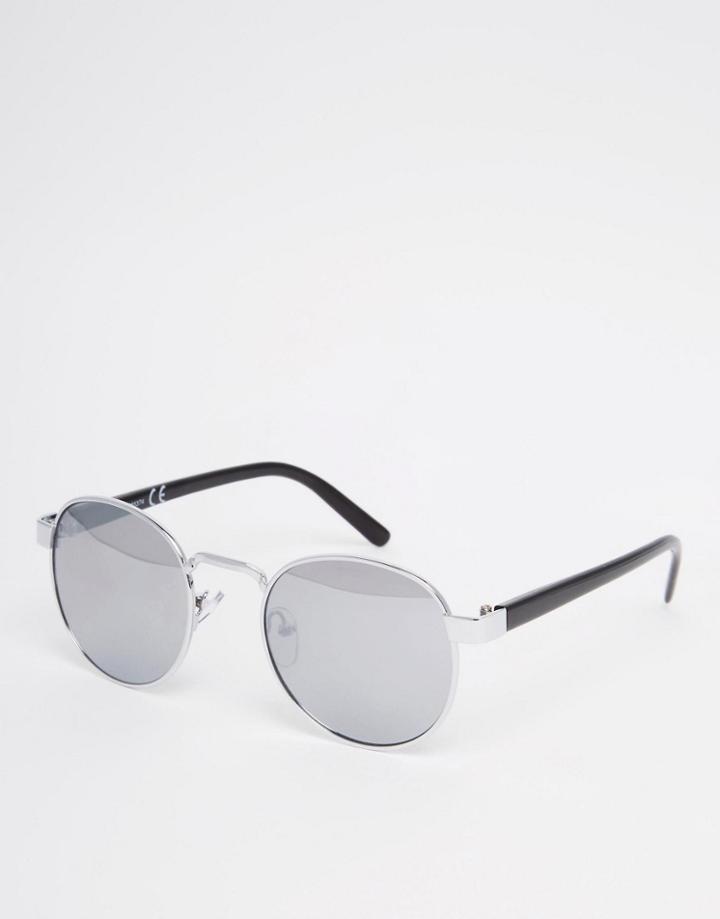 Asos Round Sunglasses In Silver With Clip Detail - Silver