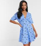 Asos Design Petite Tea Dress With Horn Buttons In Blue Spot Print