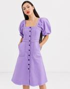 Rachel Antonoff Lulu Puff Sleeve Denim Midi Dress-purple